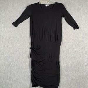 James Perse Dress Womens Small Black Ruched Midi 3/4 Sleeve Knit Casual WUC6734